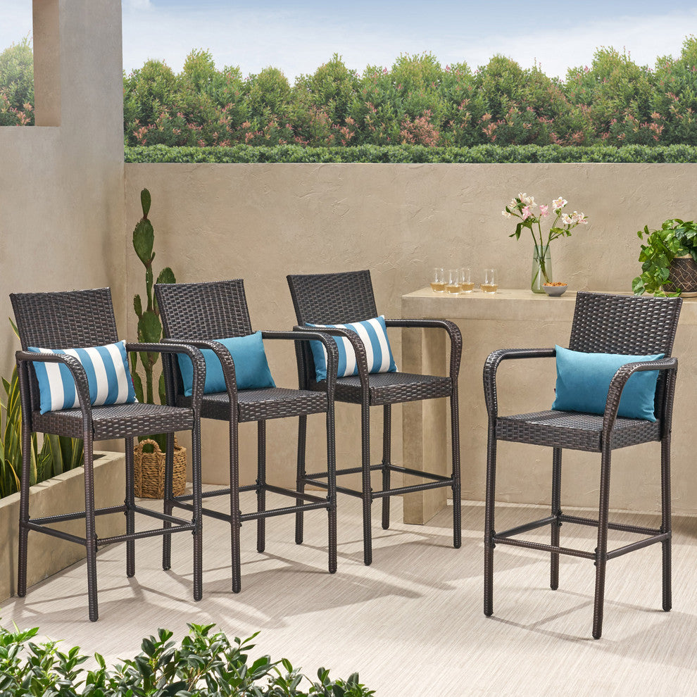 GDF Studio Stewart Outdoor Brown Wicker Bar Stool, Set of 4