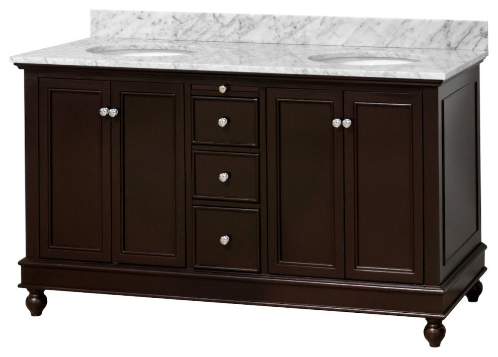 Bella 60" Bathroom Vanity, Chocolate, Carrara Marble, Double Vanity
