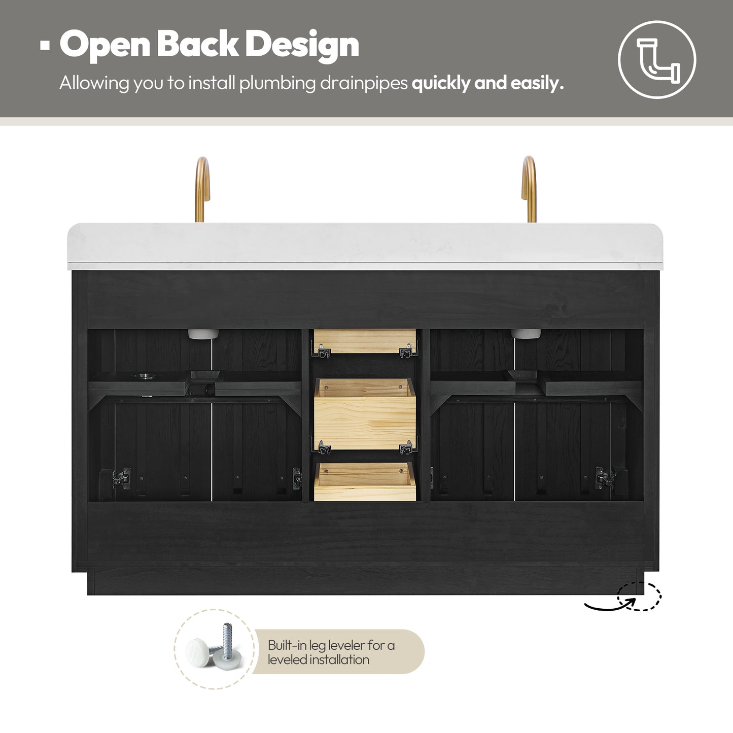 Busan Bath Vanity, Quartz Top No Mirror, Oak Classic Black, 60", Double Vanity