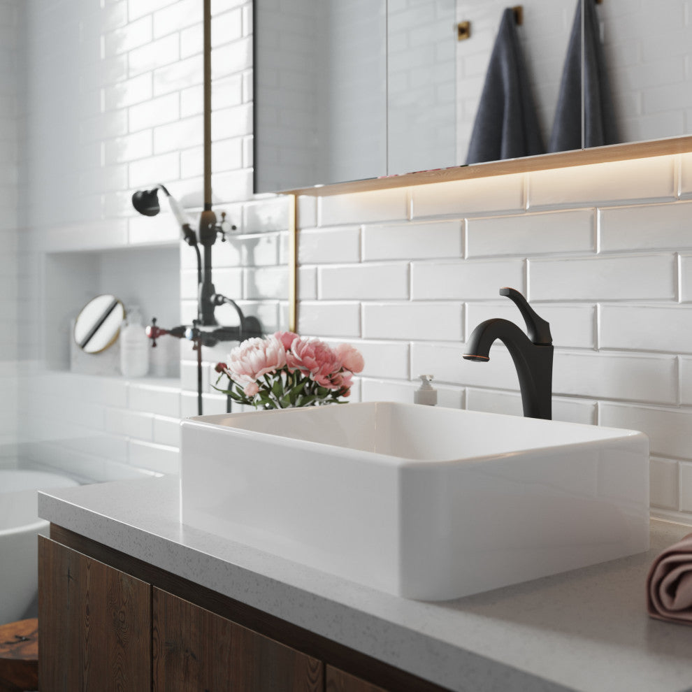 Elavo Rectangle Ceramic Vessel Sink, Bathroom Arlo Faucet, Drain, Oil Rub Bronze