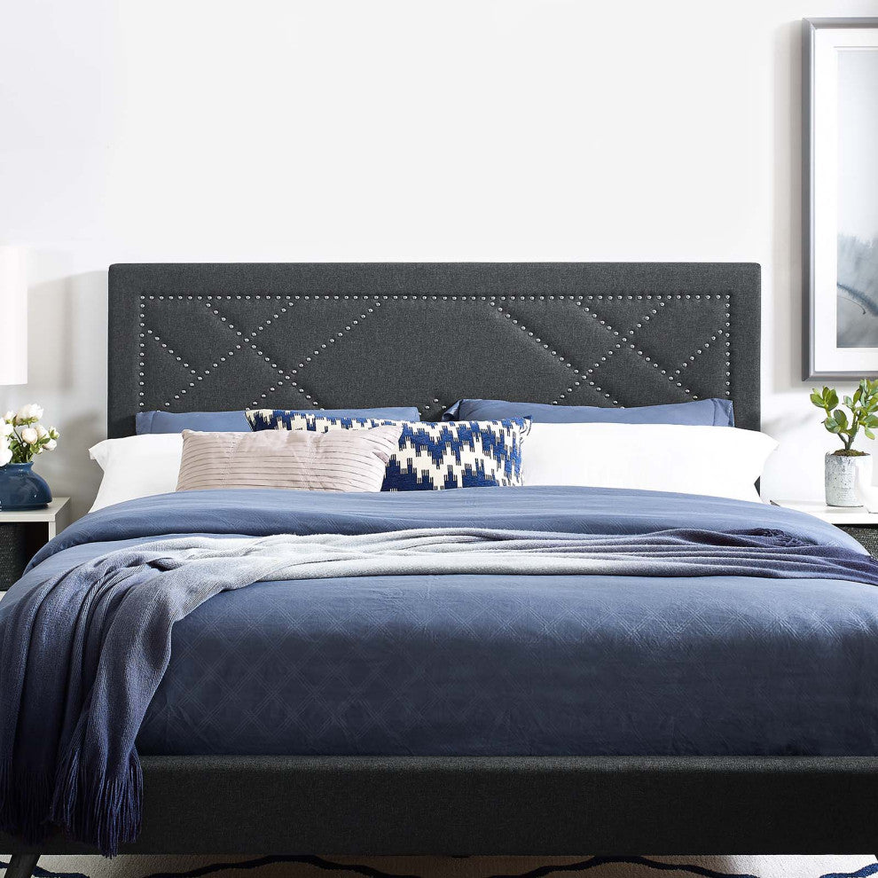Reese Nailhead Full / Queen Upholstered Linen Fabric Headboard Gray