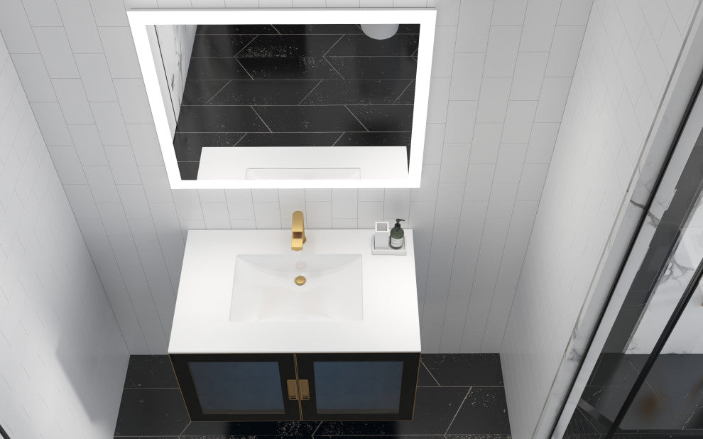 Monica 36" Porcelain Vanity Top With Overflow, Faux White Marble, Center