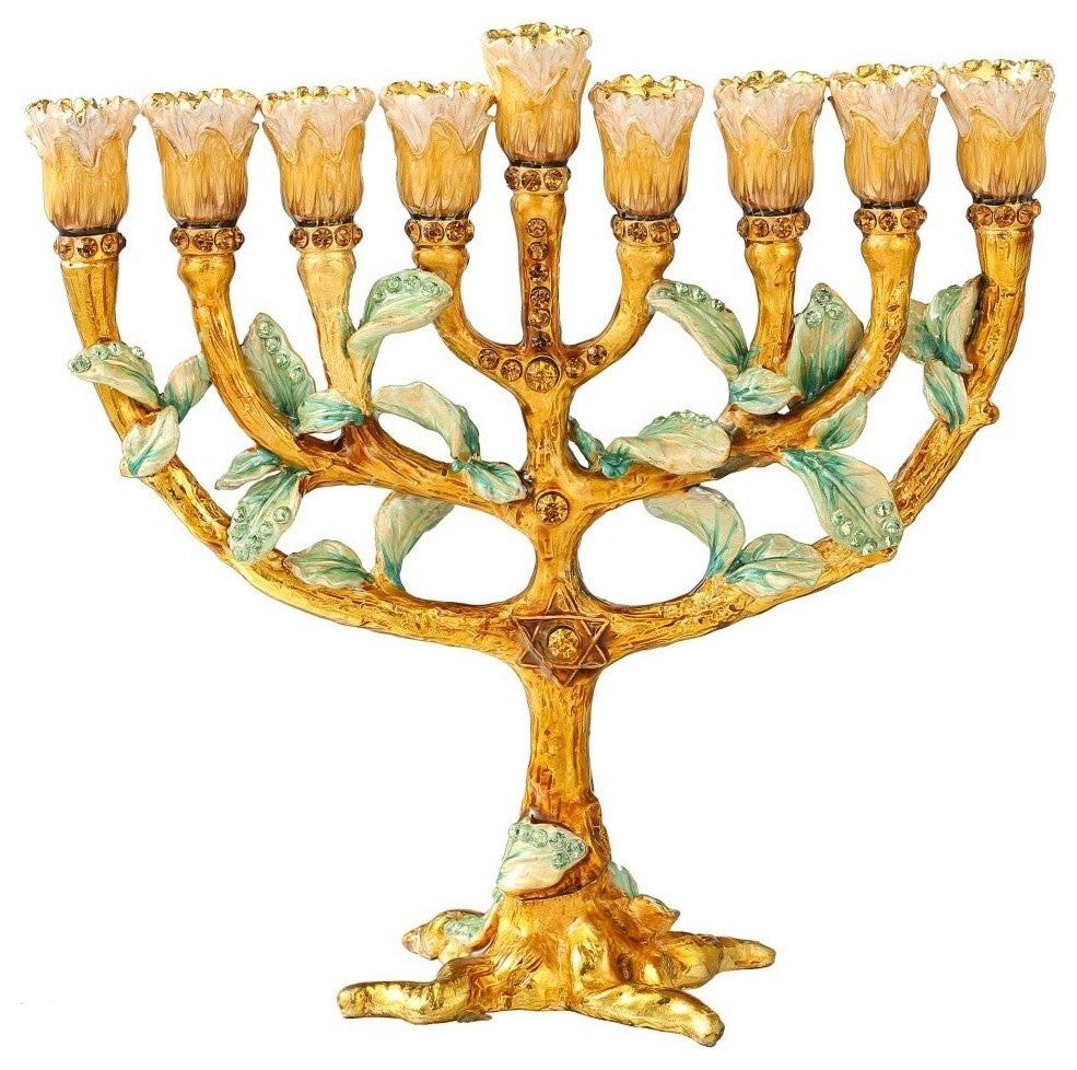 Hand Painted Enamel Menorah Candelabra with a Tree and Flower Buds Design