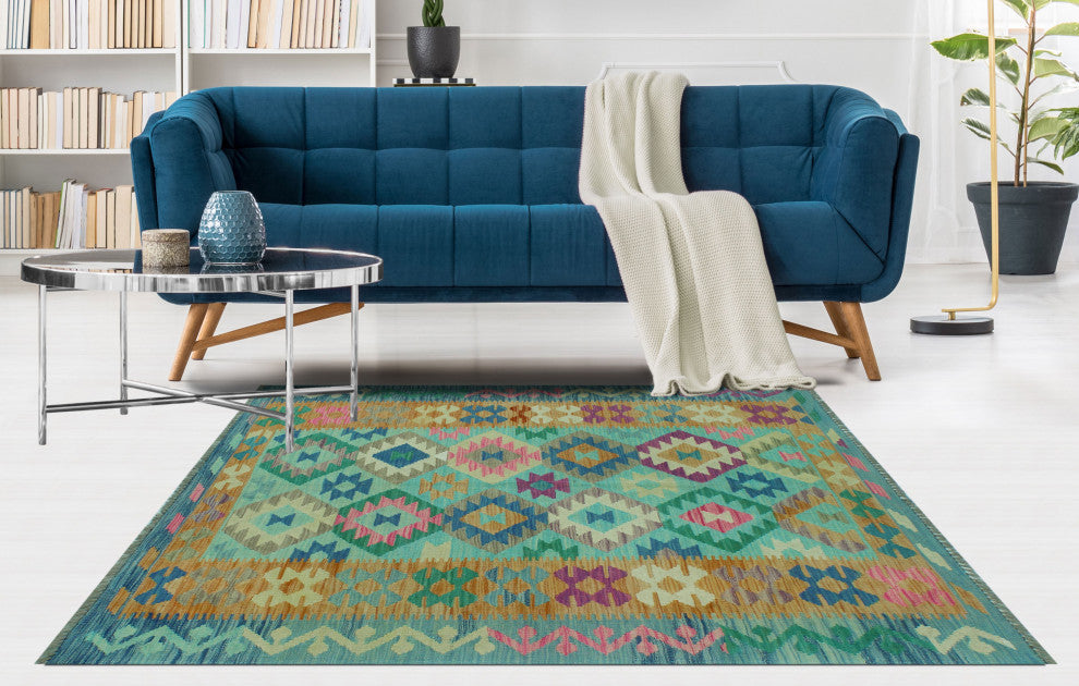 Sun Faded Kilim Behnam Light Blue/Gold Rug, 4'2x6'0