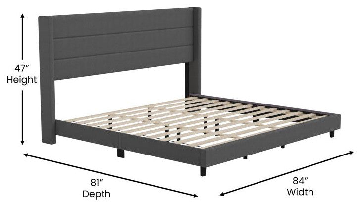 Hollis Upholstered Platform Bed with Wingback Headboard w/Mattress Foundation, Charcoal, King