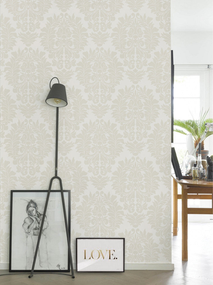Classic Damask Peel and Stick Vinyl Wallpaper, Beige on White, 24"w X 60"h