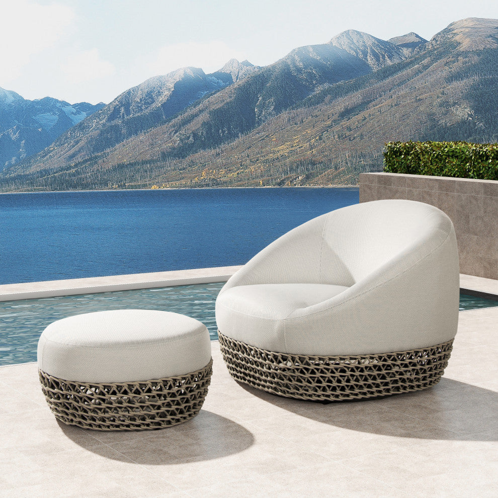 Willow 25" Outdoor Ottoman with Rope Details, Wheat Beige Axroma Olefin