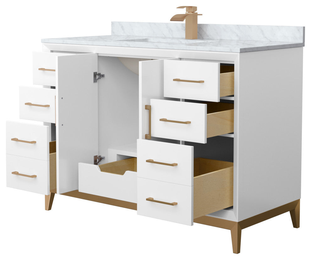 Amici 48" White Single Vanity, White Carrara Marble Top, Satin Bronze Trim