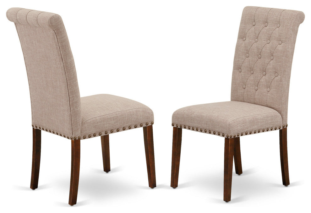 5Pc Dining Set, Round Table, Four Parson Chairs, Light Fawn Fabric, Mahogany