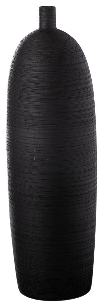 Tall Round Ceramic Vase with Brushed Design Body Matte Black Finish