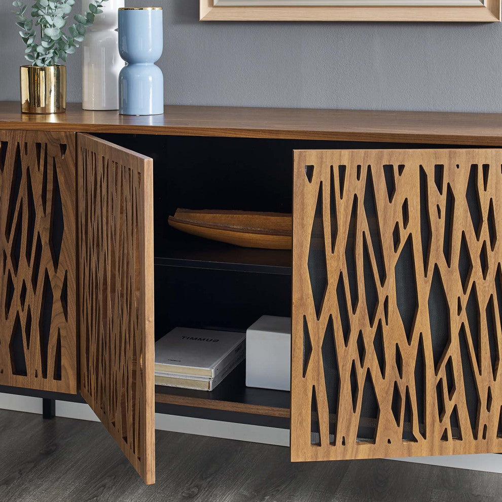 Media TV Stand Console Table, Rectangular, Wood, Metal, Brown Walnut, Modern