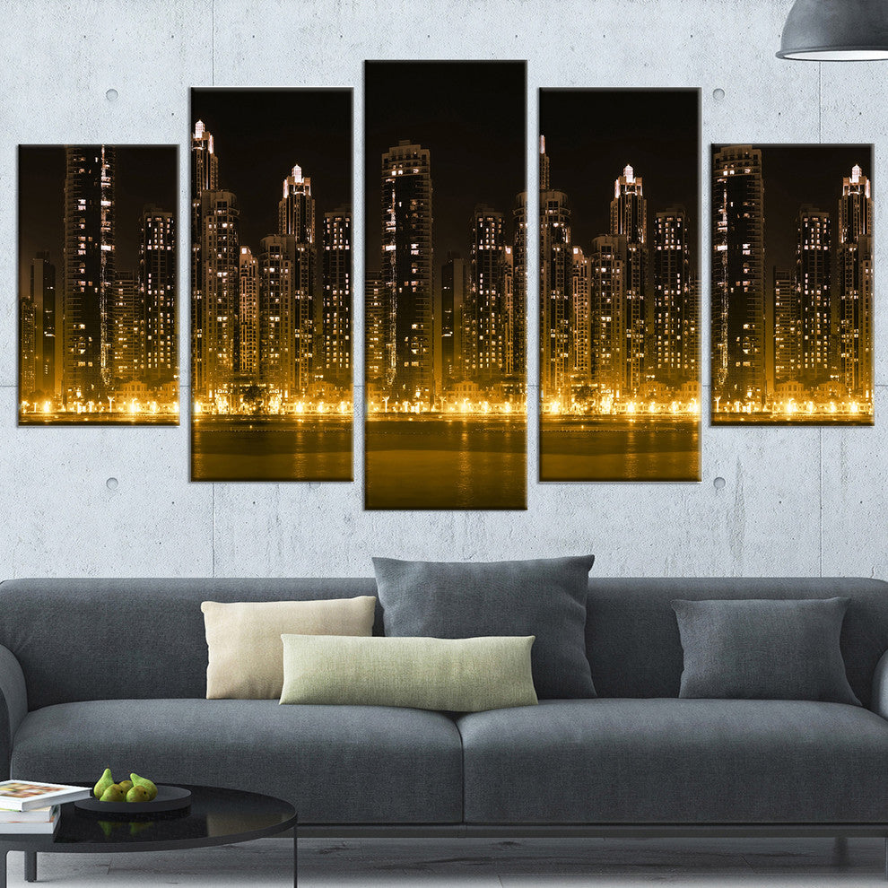"Modern City With Illuminated Skyscrapers" Wall Art, 60"x32", 5-Panels