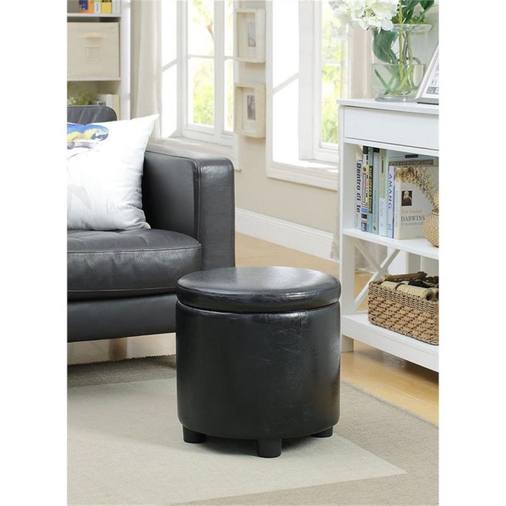 Designs4Comfort Round Accent Storage Ottoman in Black Faux Leather Fabric