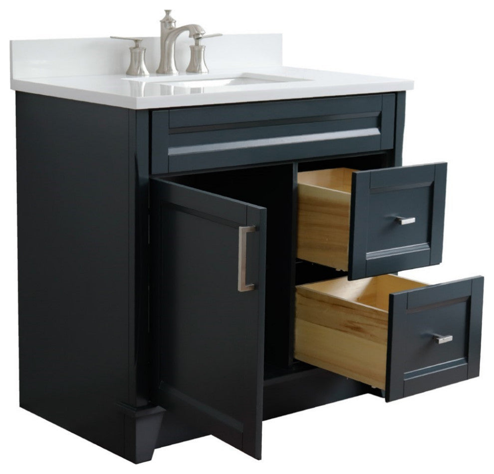 37" Single Sink Vanity, Dark Gray Finish With White Engineered Stone Top