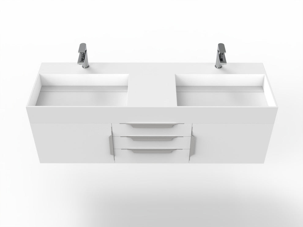 CastelloUSA Amazon 60" Wall Mounted Bathroom Vanity Set, White, White Top, Chrome Handles