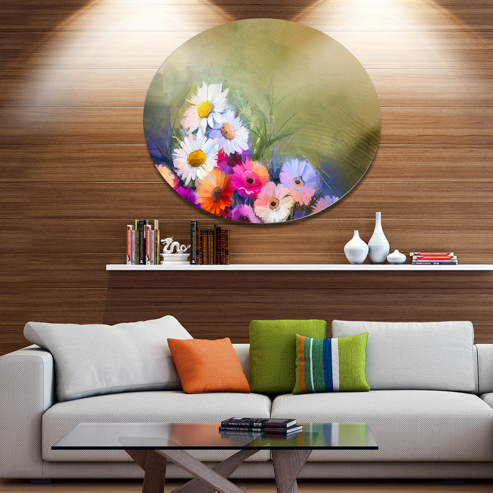 White Sunflower And Gerbera Flowers, Flower Round Wall Art, 11"