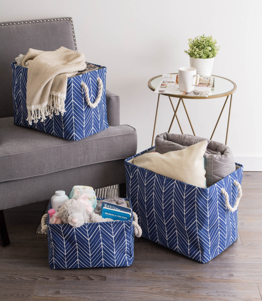 Polyester Bin Herringbone Nautical Blue Round Small 9"x12"x12"