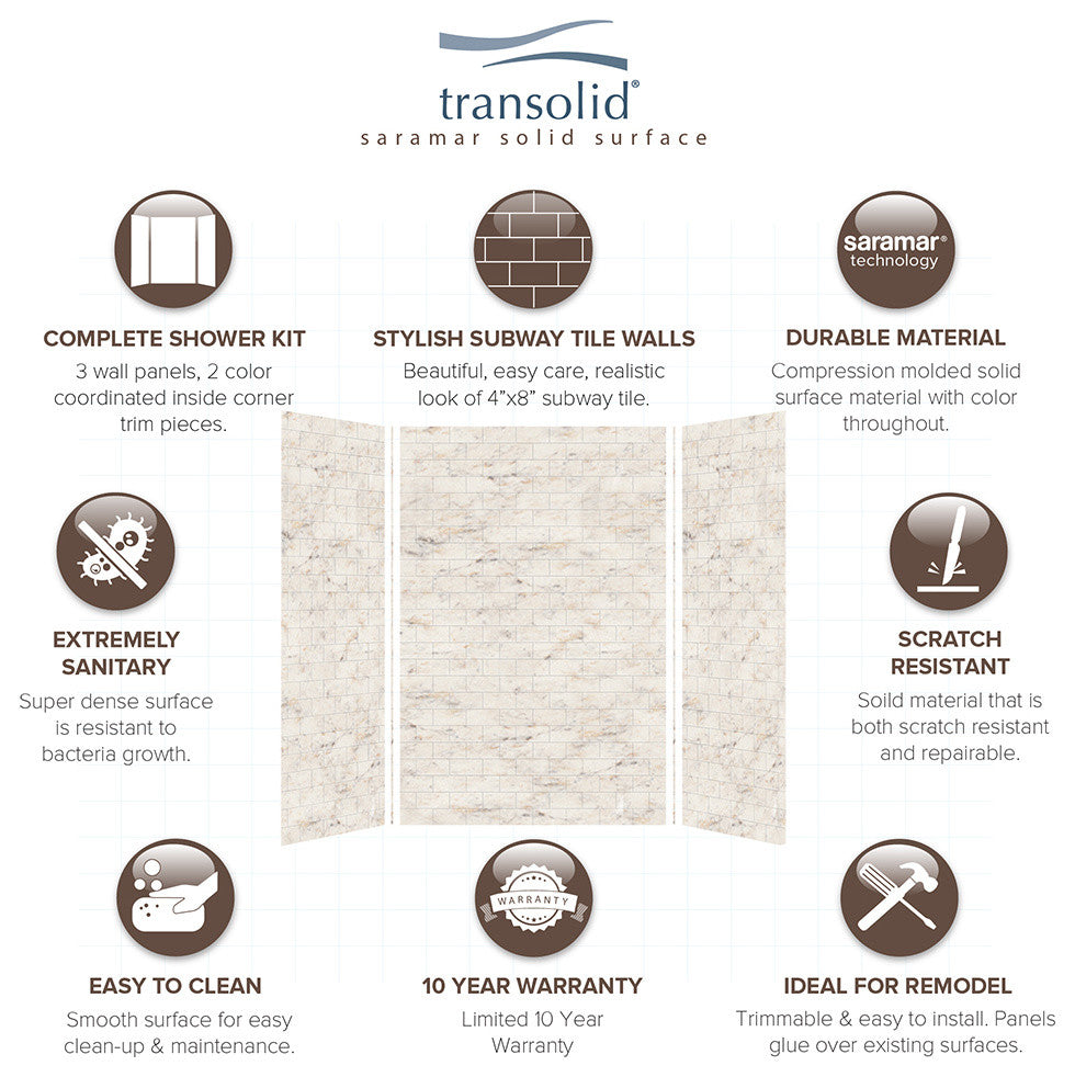 Transolid SaraMar 36"x60"x96" 3-Piece Shower Wall Kit, Biscotti Marble