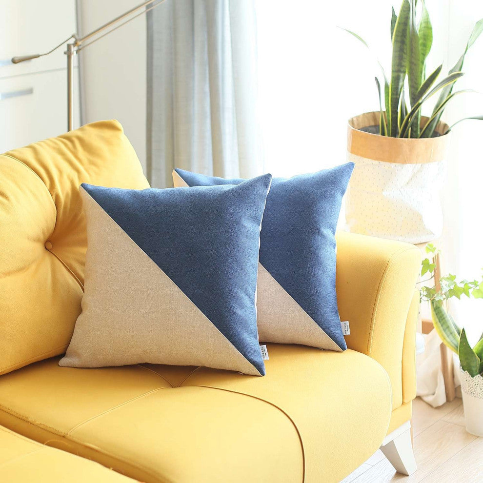 Set of 2 Blue And Ivory Diagonal Pillow Covers