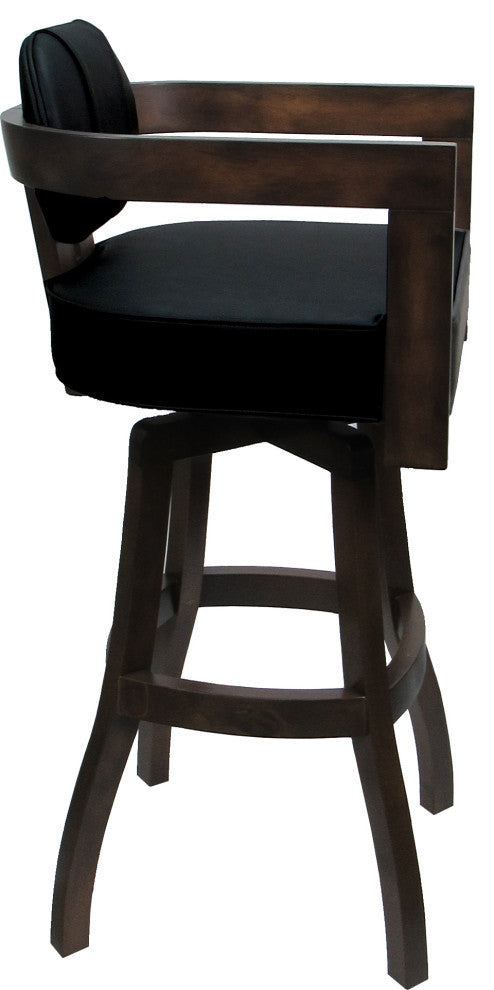 Swivel Wood Bar Stool Kadir Plus on S-Base, Black Vinyl - Dark Walnut, 34"