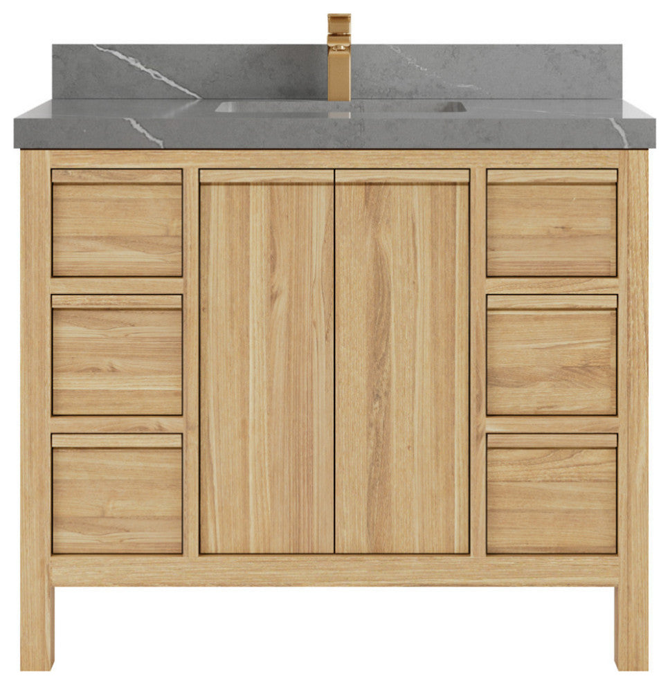 Elizabeth 42 Single Sink Bath Vanity in Light Natural Teak 2" Piatra Gray