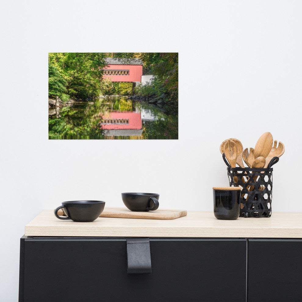 The Reflection of Wooddale Covered Bridge Unframed Wall Art Print, 12" X 18"