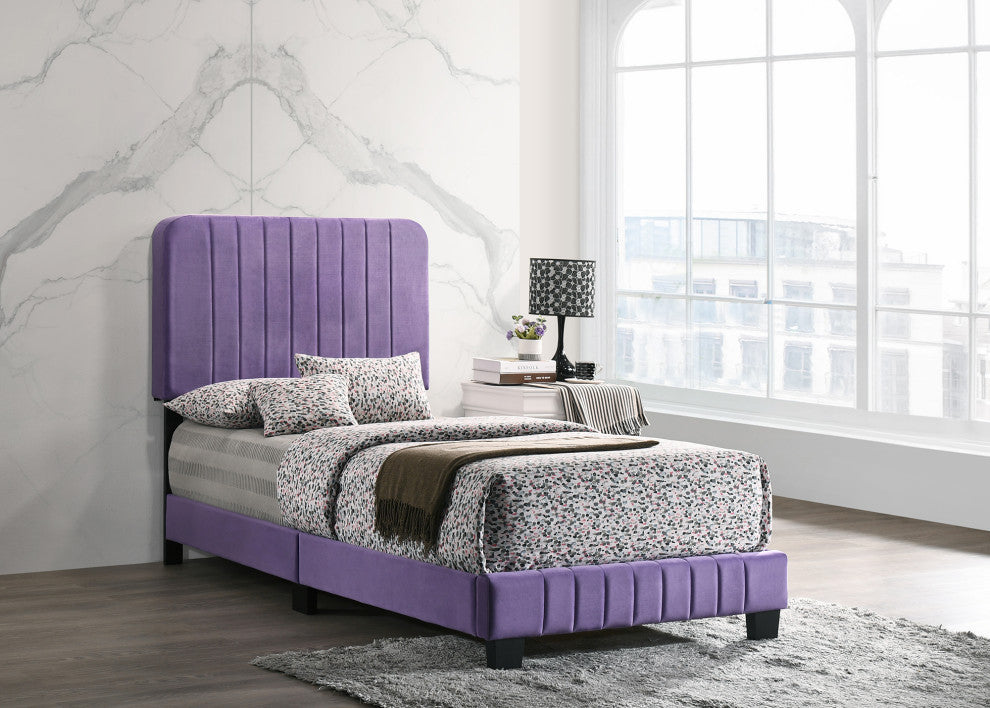 Lodi Velvet Upholstered Channel Tufted Twin Panel Bed, Purple