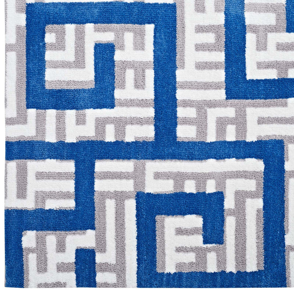 Ivory, Light Gray and Blue Nahia Geometric Maze 5x8 Area Rug