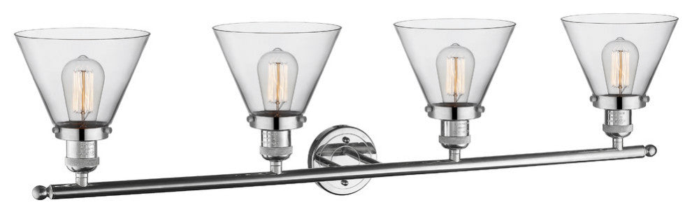 Large Cone 4-Light Bath Fixture, Clear Glass, Polished Nickel