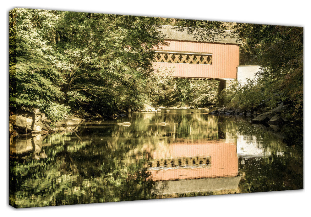 The Reflection of Wooddale Covered Bridge Aged Canvas Wall Art Print, 24" X 36"