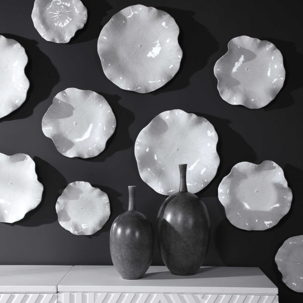 Gloss White Lily Pad Wall Art Flower Sculpture Round Leaf Hanging, 3-Piece Set