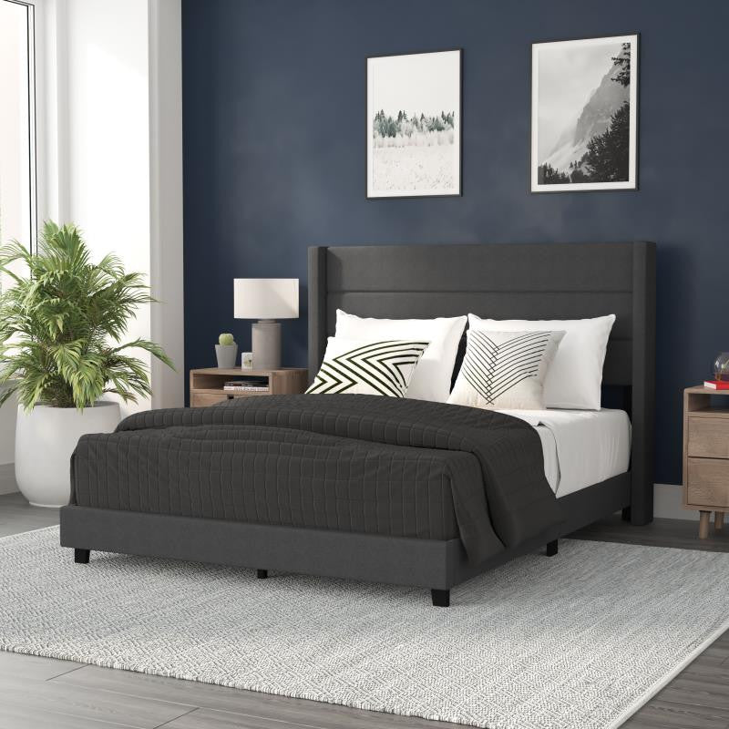 Hollis Upholstered Platform Bed with Wingback Headboard w/Mattress Foundation, Charcoal, Queen