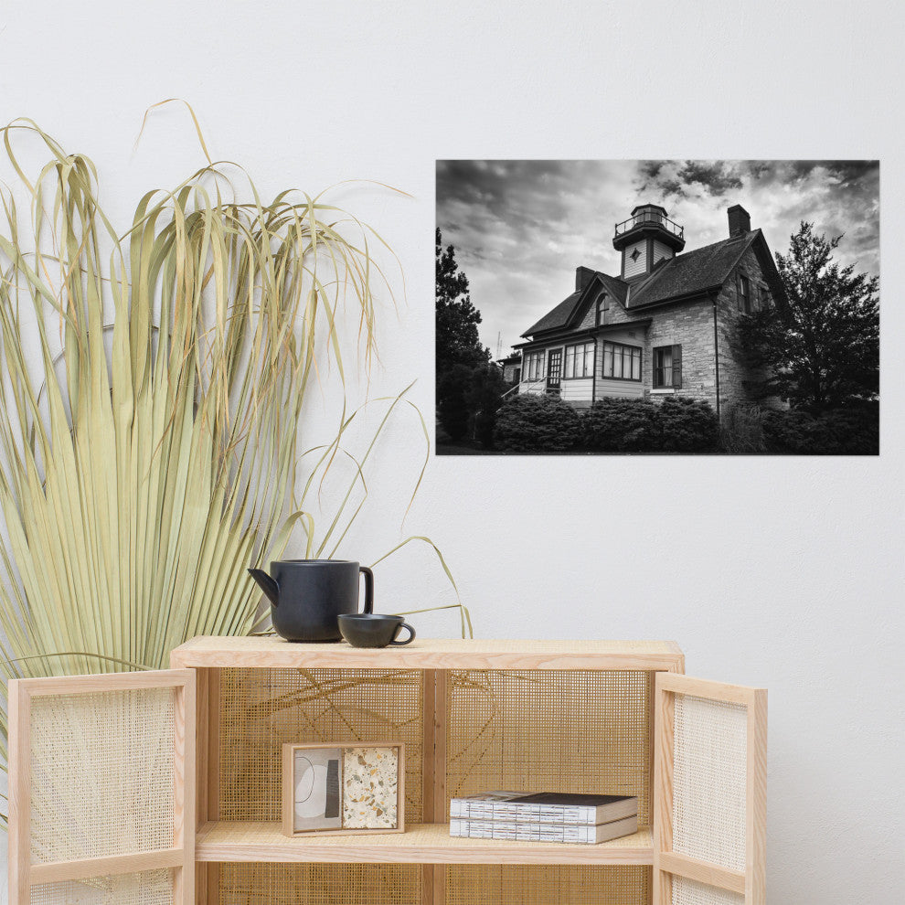 Cedar Point Lighthouse in Black and White Unframed Wall Art Prints, 24" X 36"