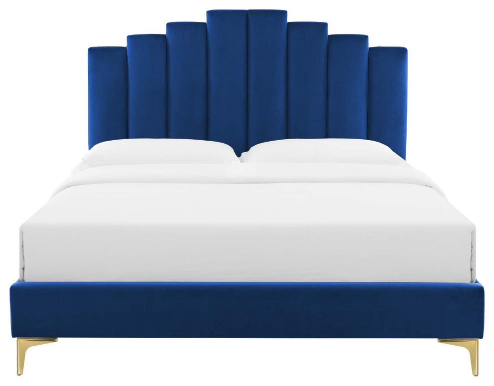 Platform Bed Frame, Full Size, Velvet, Blue Navy, Modern Contemporary, Bedroom