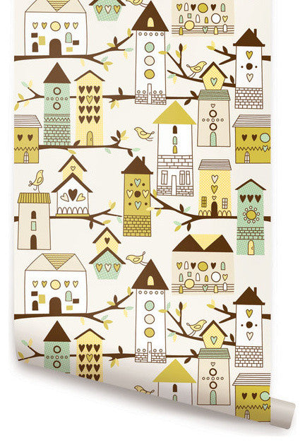Birdhouse Peel and Stick Vinyl Wallpaper , Green, 24"w X 108"h