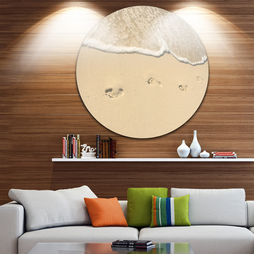 Footprints In Sand On The Beach, Modern Seascape Round Wall Art, 11"