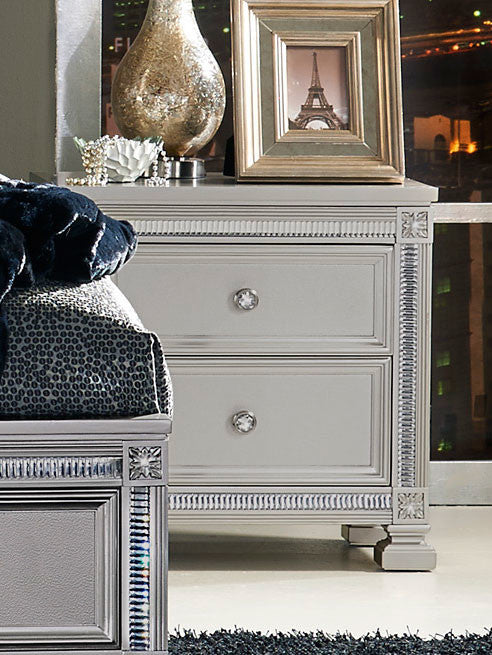 2 Drawer Wooden Night Stand, Contemporary Style, Silver