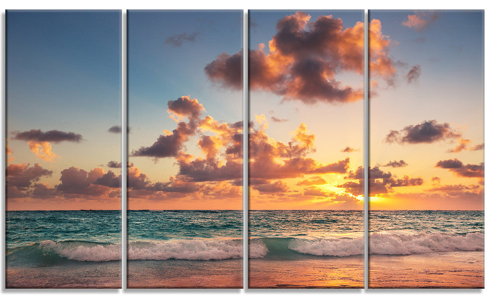 Sunrise on Beach of Caribbean Sea, Beach Canvas Wall Art, 48"x28", 4 Panels