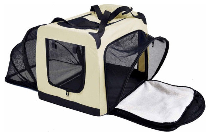 Hounda Accordion Collapsible Dual-Sided Expandable Pet Crate, Khaki, Medium