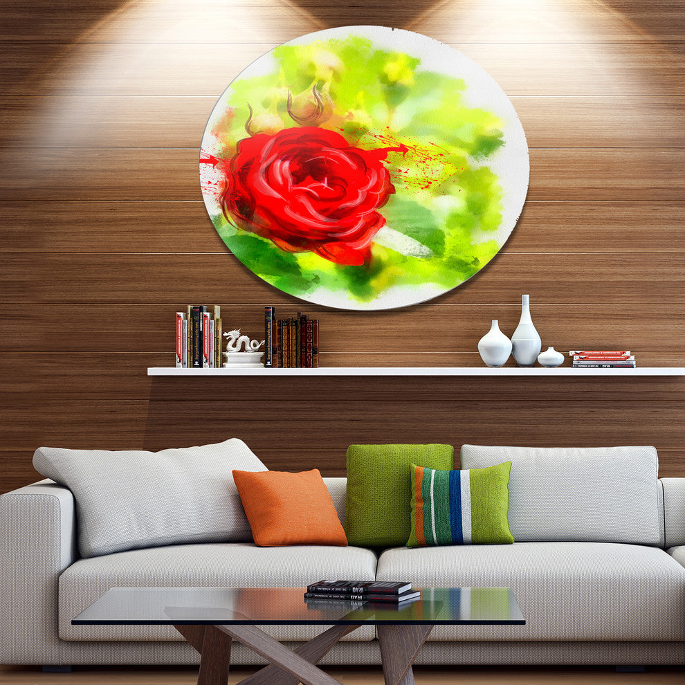 Bright Red Rose On Light Green, Modern Floral Disc Metal Artwork, 11"