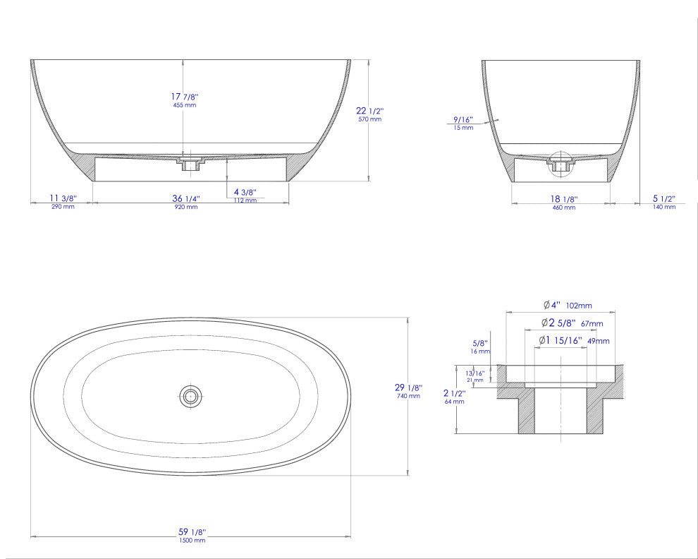 ALFI brand AB9975 59" White Oval Resin Soaking Bathtub
