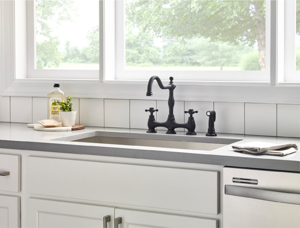 Opulence Two Handle Bridge Kitchen Faucet w/ Sidespray Chrome, Satin Black