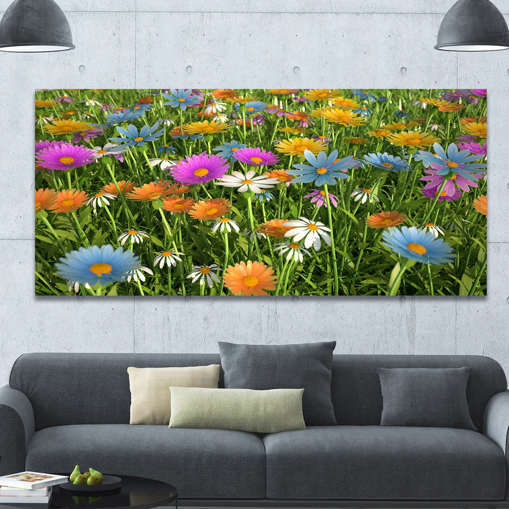 Different Color Flowers in Field, Large Floral Canvas Art Print, 60"x28"