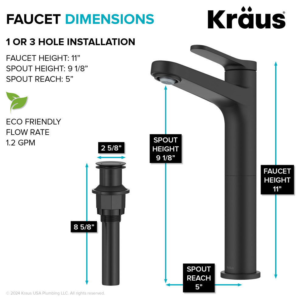 KRAUS Indy Single Handle Vessel Bathroom Faucet Matte Black, Pop Up Drain