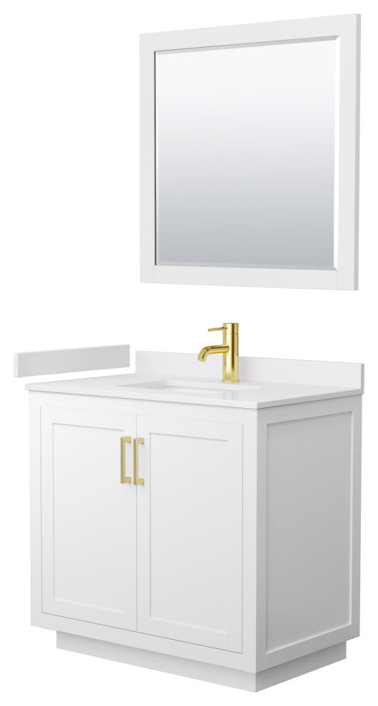 36"SGL Vanity White, White Cult. Marble Countertop, Sink, Gold Trim, 34"Mirror
