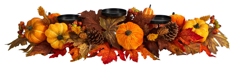 36" Autumn Maple Leaves, Pumpkin and Berries Harvest Candelabrum Arrangement