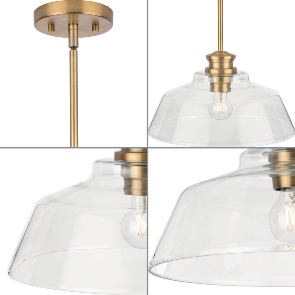 Singleton 1-Light 14" Vintage Brass Pendant Light, Clear Glass Shade