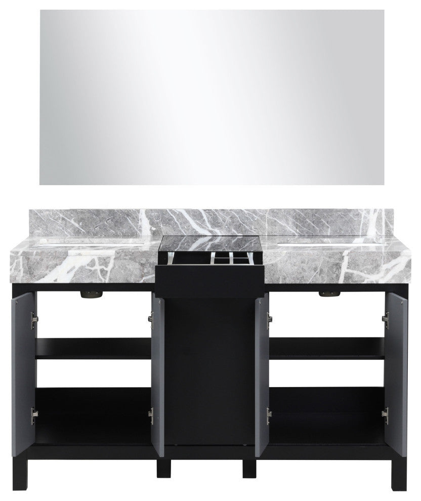 55" Double Vanity, Marble Tops, White Square Sinks, And 53" Frameless Mirror