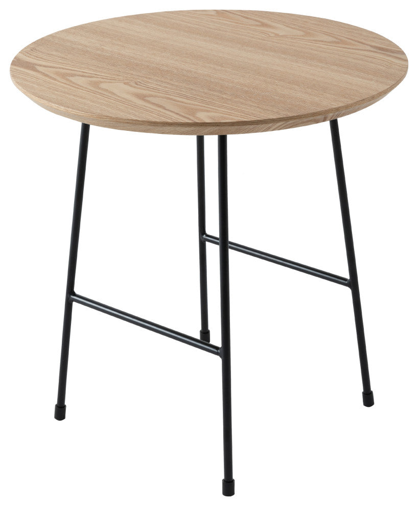 LeisureMod Rossmore Modern Round Side Table With Black Steel Frame, Natural Wood