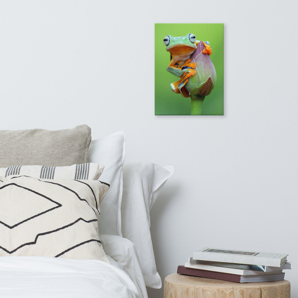 Tiny Green Tree Frog on Lotus Bloom Wildlife Floral Photo Canvas Wall Art Prints, 12" X 16"